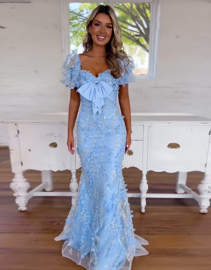 Sparkly Blue Mermaid Puff Sleeves Flowers Long Prom Dress with Bow