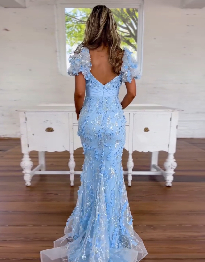 Sparkly Blue Mermaid Puff Sleeves Flowers Long Prom Dress with Bow