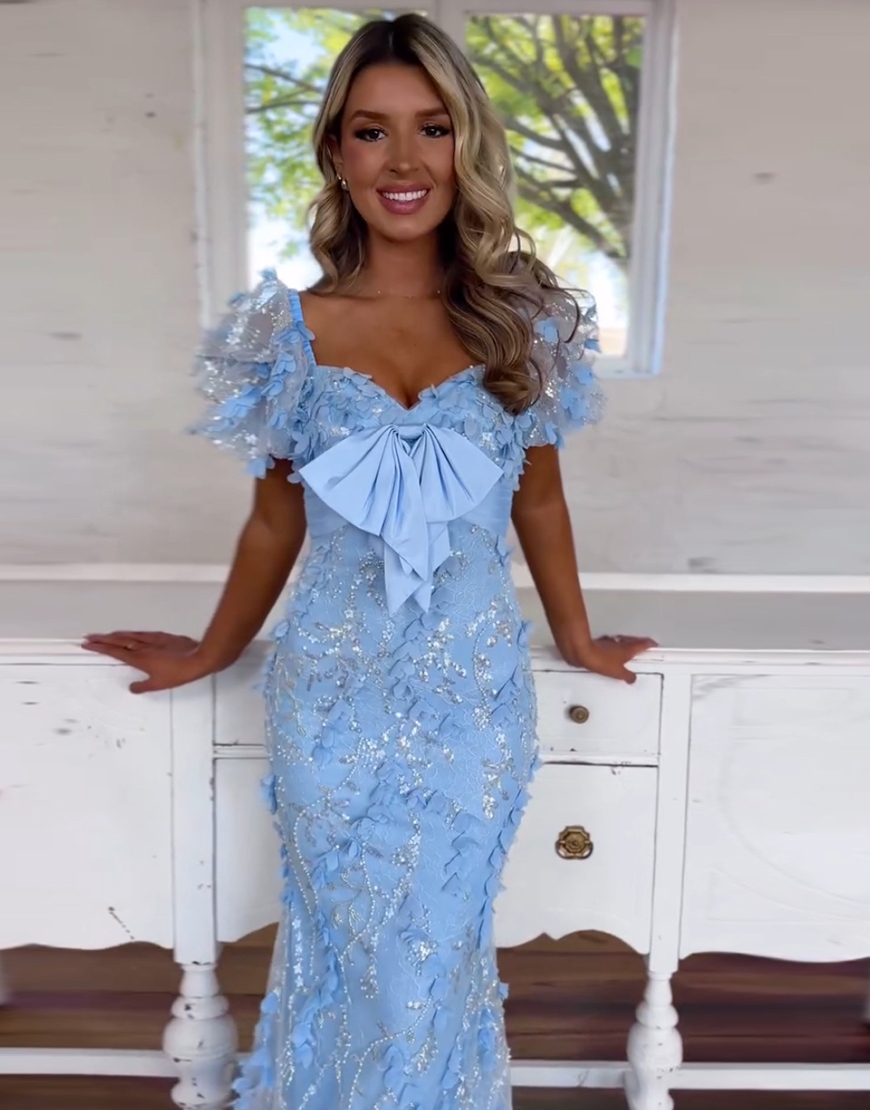 Sparkly Blue Mermaid Puff Sleeves Flowers Long Prom Dress with Bow