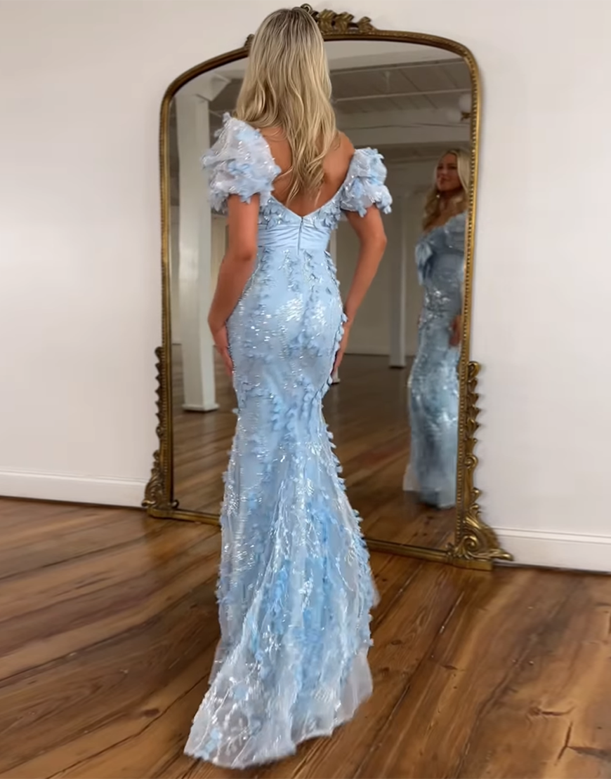 Sparkly Pink Mermaid Puff Sleeves Flowers Long Prom Dress with Bow