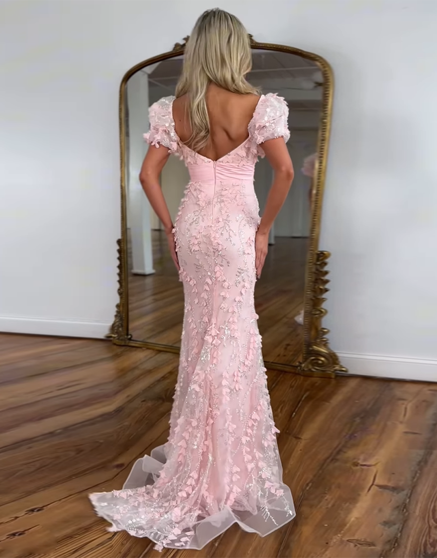 Sparkly Pink Mermaid Puff Sleeves Flowers Long Prom Dress with Bow