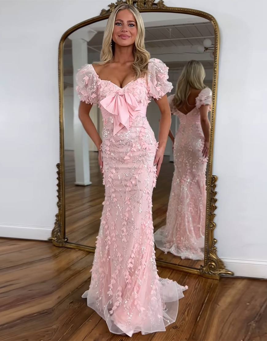 Sparkly Pink Mermaid Puff Sleeves Flowers Long Prom Dress with Bow
