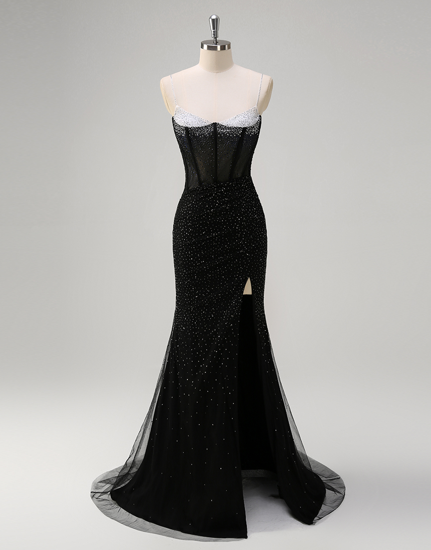 Sparkly Orange Mermaid Spaghetti Straps Beaded Corset Long Prom Dress with Slit