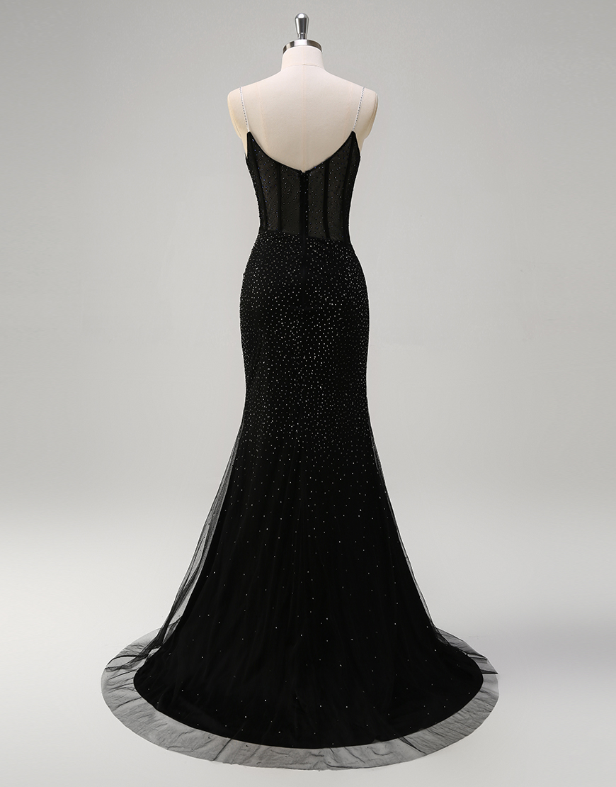 Sparkly Orange Mermaid Spaghetti Straps Beaded Corset Long Prom Dress with Slit