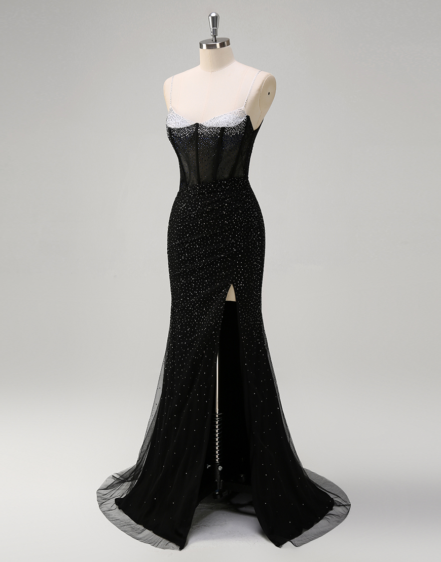 Sparkly Orange Mermaid Spaghetti Straps Beaded Corset Long Prom Dress with Slit