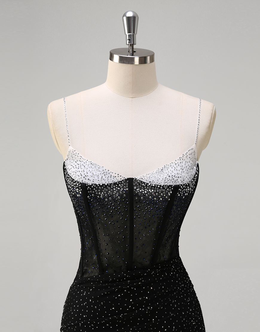 Sparkly Orange Mermaid Spaghetti Straps Beaded Corset Long Prom Dress with Slit