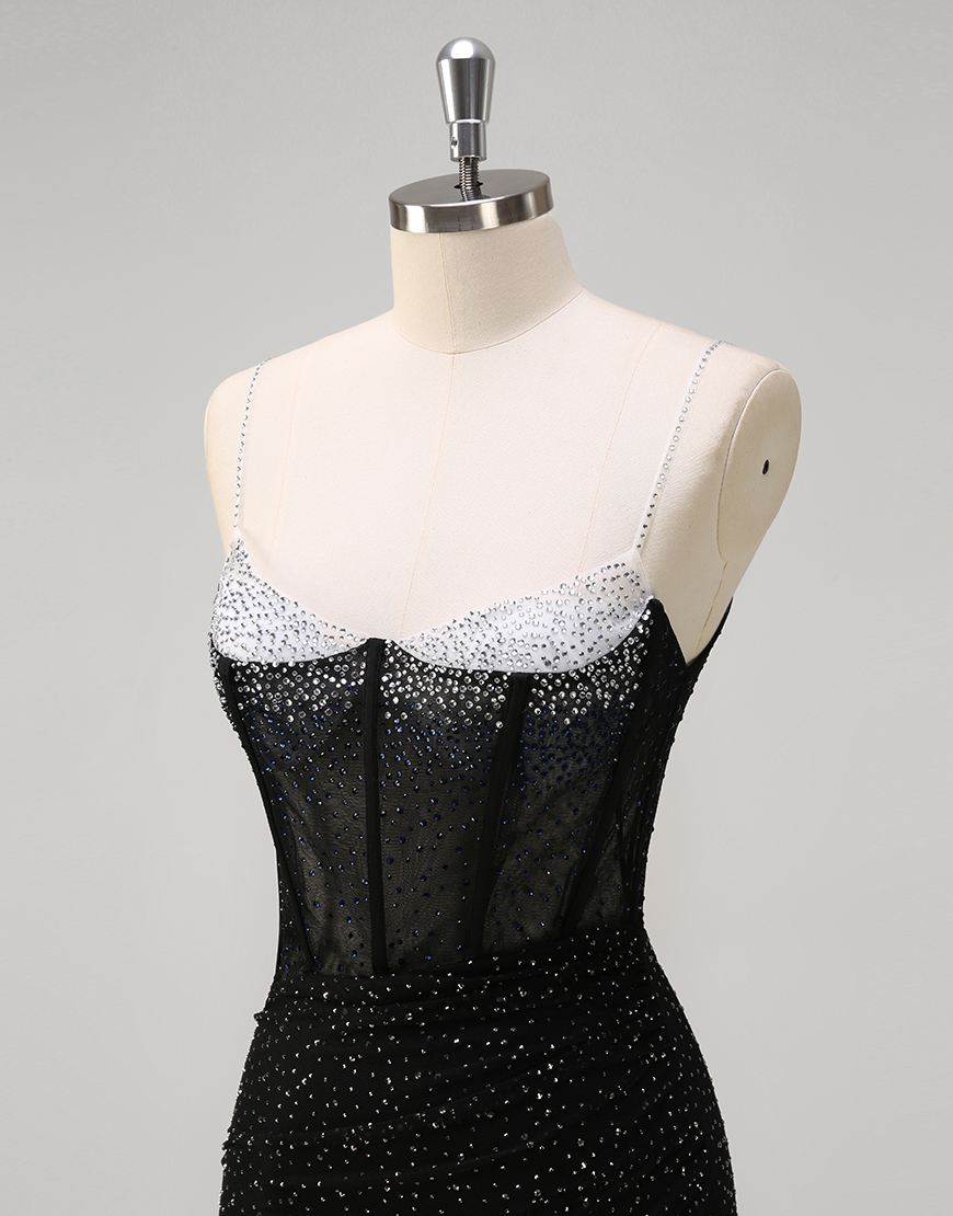 Sparkly Orange Mermaid Spaghetti Straps Beaded Corset Long Prom Dress with Slit