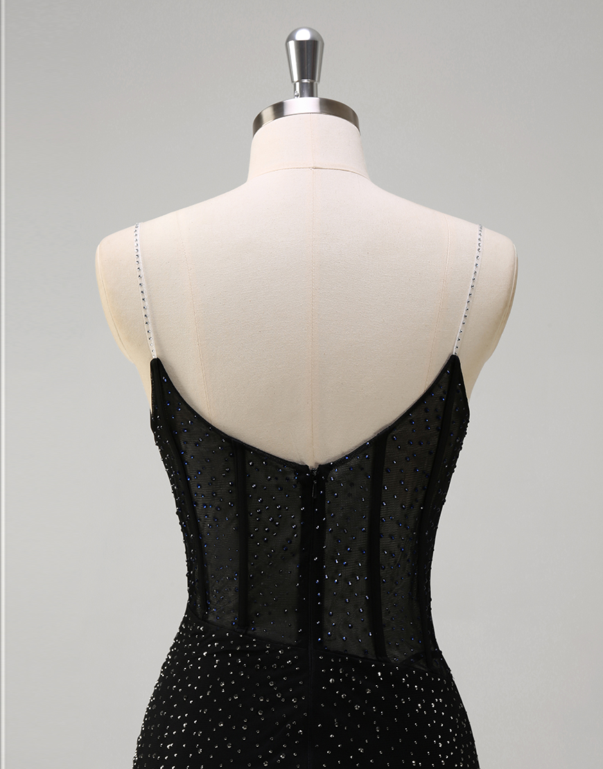 Sparkly Orange Mermaid Spaghetti Straps Beaded Corset Long Prom Dress with Slit