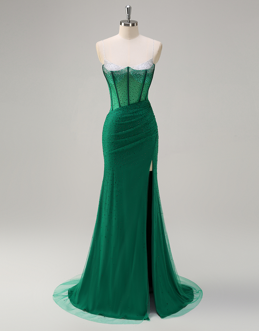 Sparkly Orange Mermaid Spaghetti Straps Beaded Corset Long Prom Dress with Slit