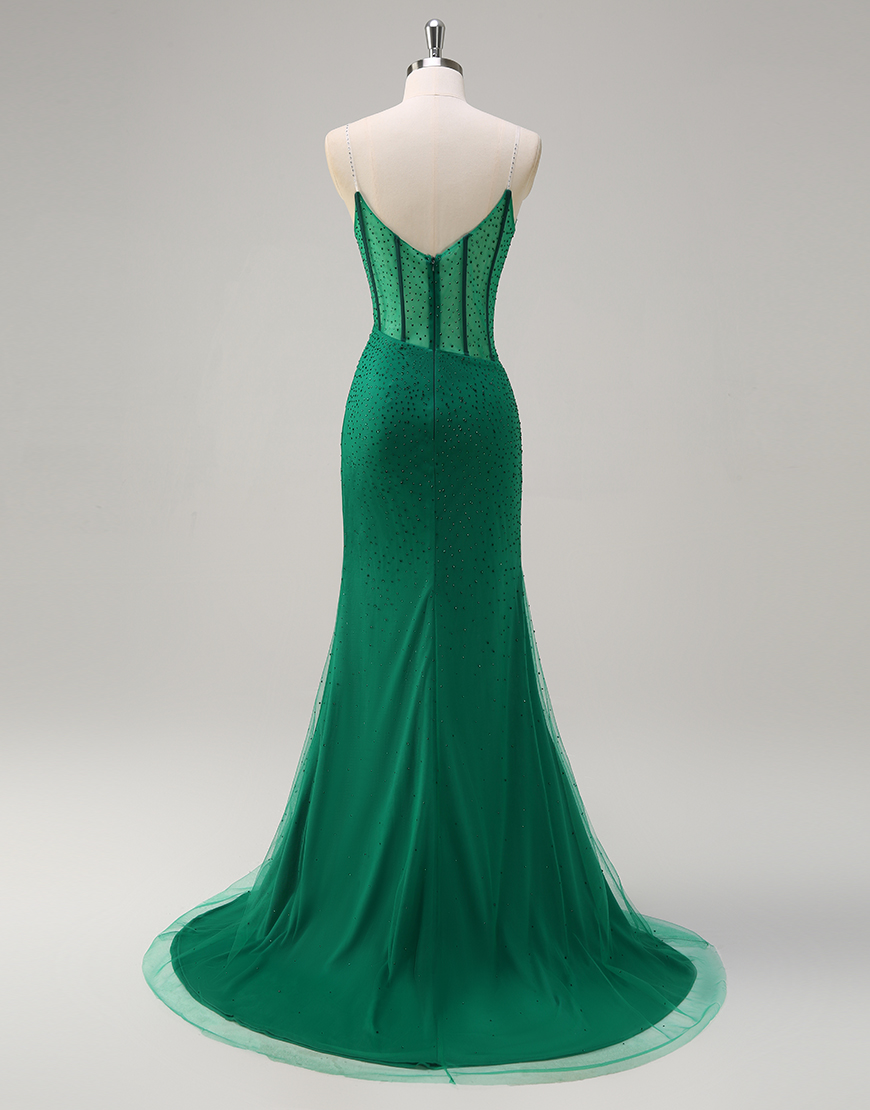 Sparkly Orange Mermaid Spaghetti Straps Beaded Corset Long Prom Dress with Slit