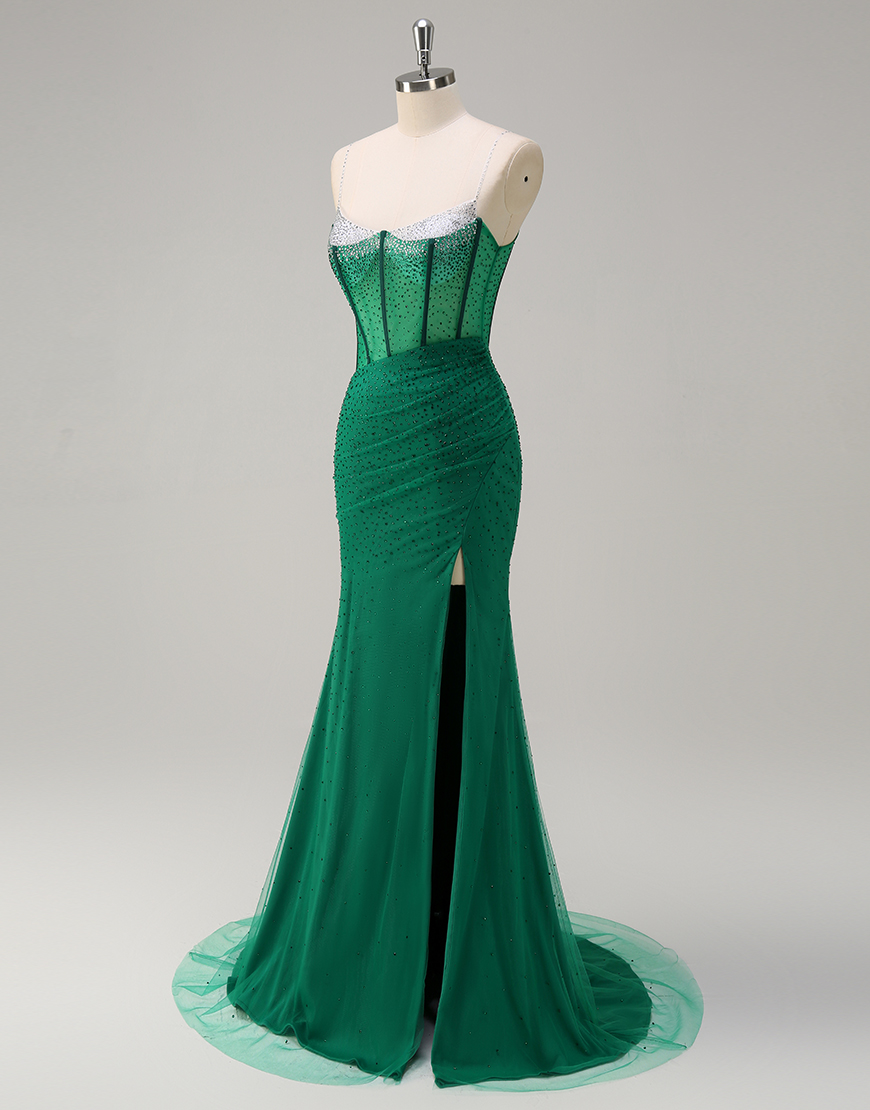 Sparkly Orange Mermaid Spaghetti Straps Beaded Corset Long Prom Dress with Slit