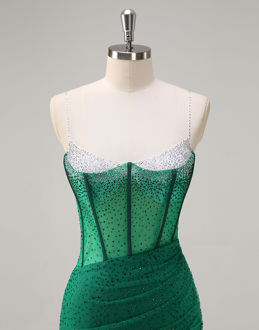 Sparkly Orange Mermaid Spaghetti Straps Beaded Corset Long Prom Dress with Slit