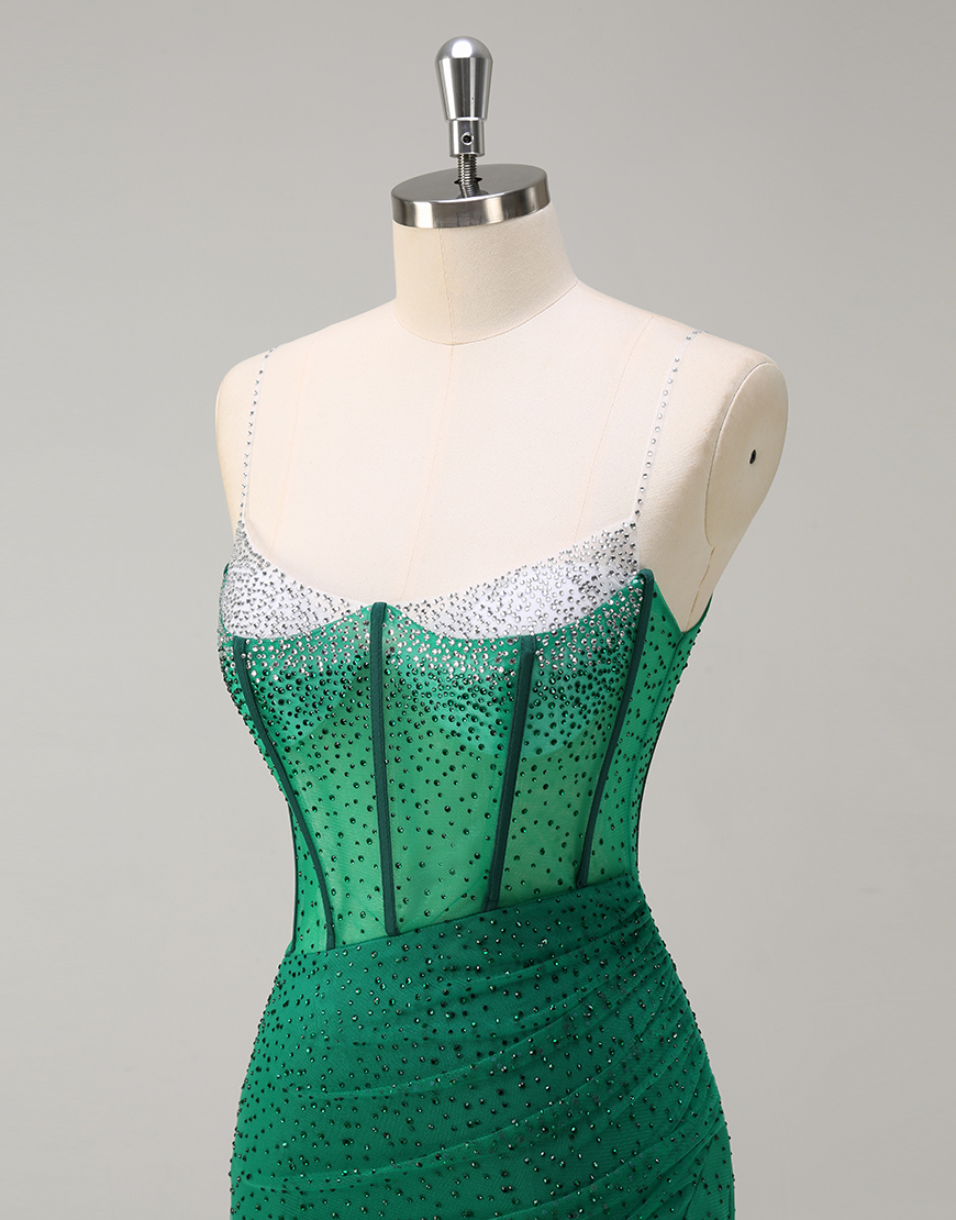 Sparkly Orange Mermaid Spaghetti Straps Beaded Corset Long Prom Dress with Slit