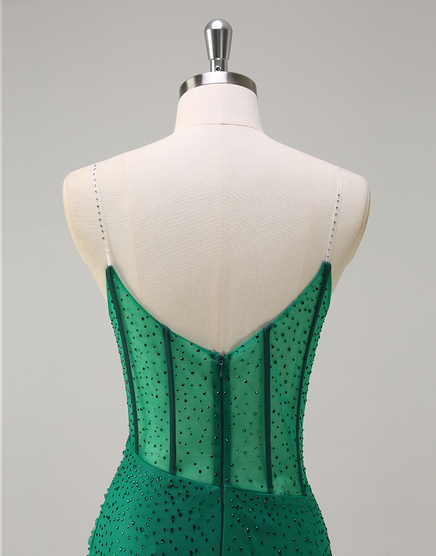 Sparkly Orange Mermaid Spaghetti Straps Beaded Corset Long Prom Dress with Slit