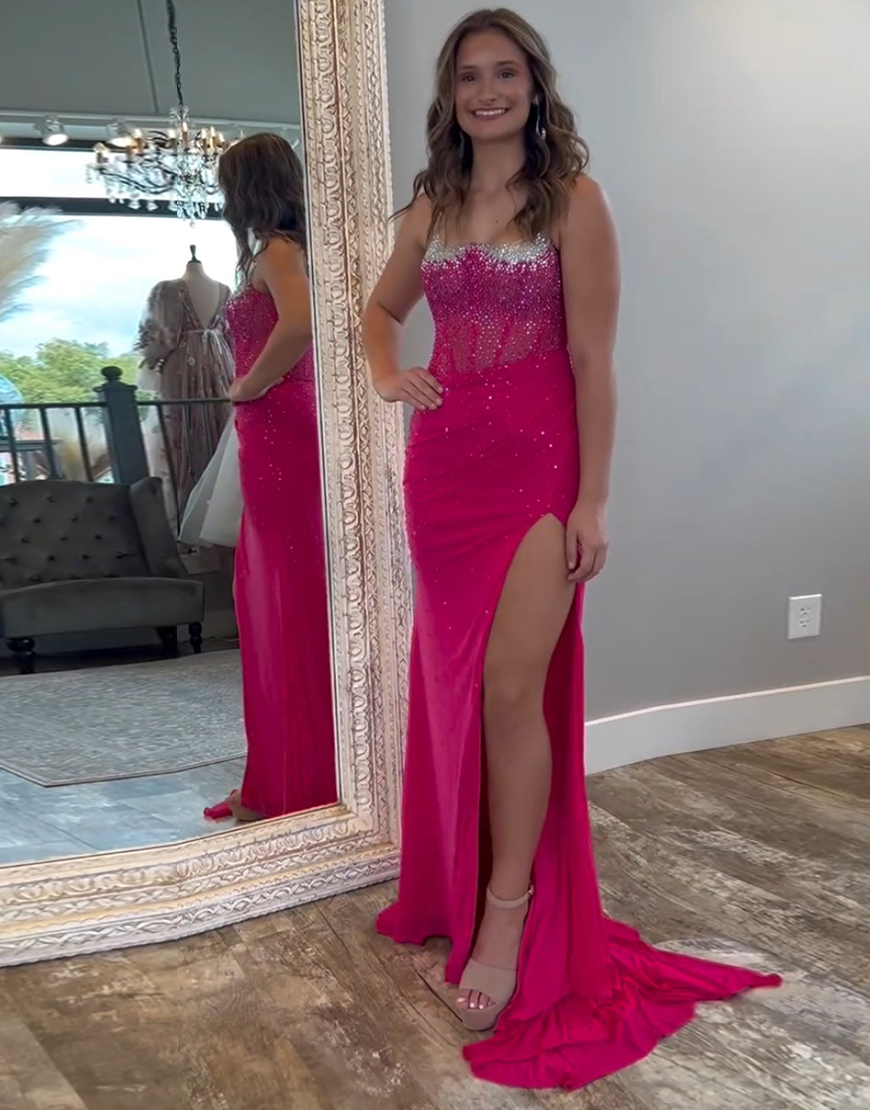 Sparkly Orange Mermaid Spaghetti Straps Beaded Corset Long Prom Dress with Slit