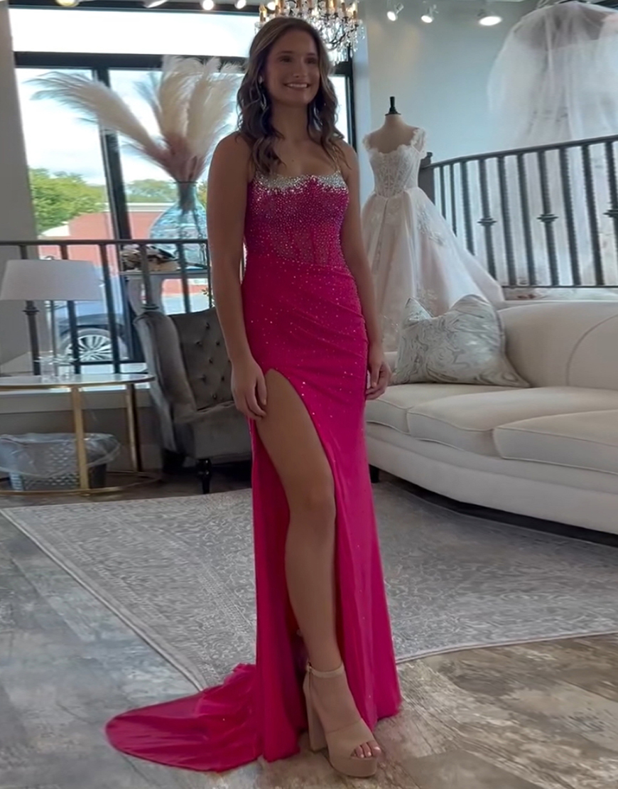 Sparkly Orange Mermaid Spaghetti Straps Beaded Corset Long Prom Dress with Slit