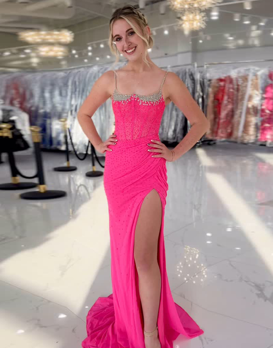 Sparkly Fuchsia Mermaid Spaghetti Straps Corset Beaded Long Prom Dress with Slit