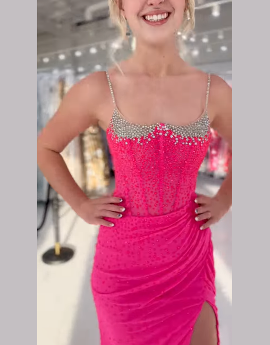 Sparkly Fuchsia Mermaid Spaghetti Straps Corset Beaded Long Prom Dress with Slit