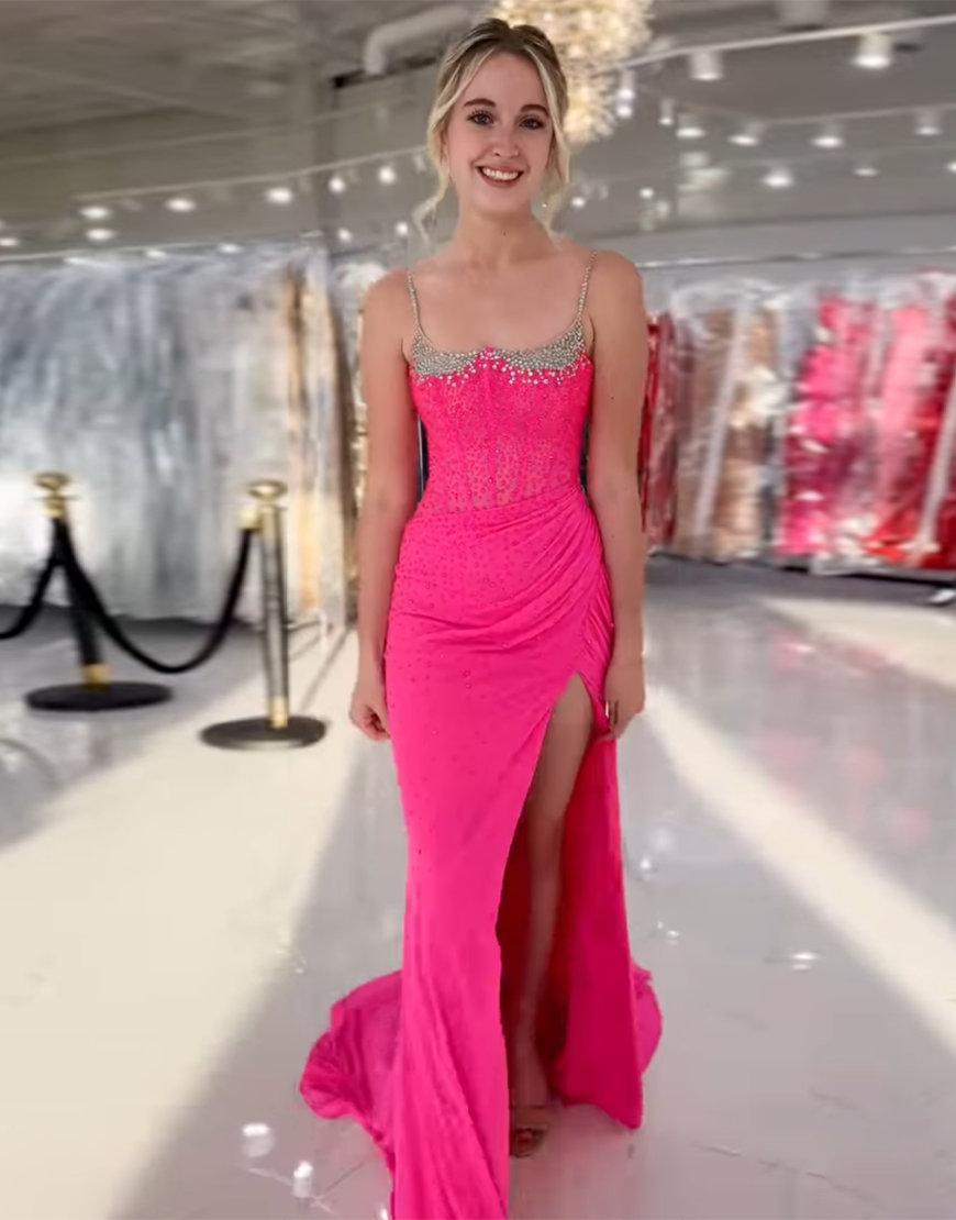 Sparkly Fuchsia Mermaid Spaghetti Straps Corset Beaded Long Prom Dress with Slit