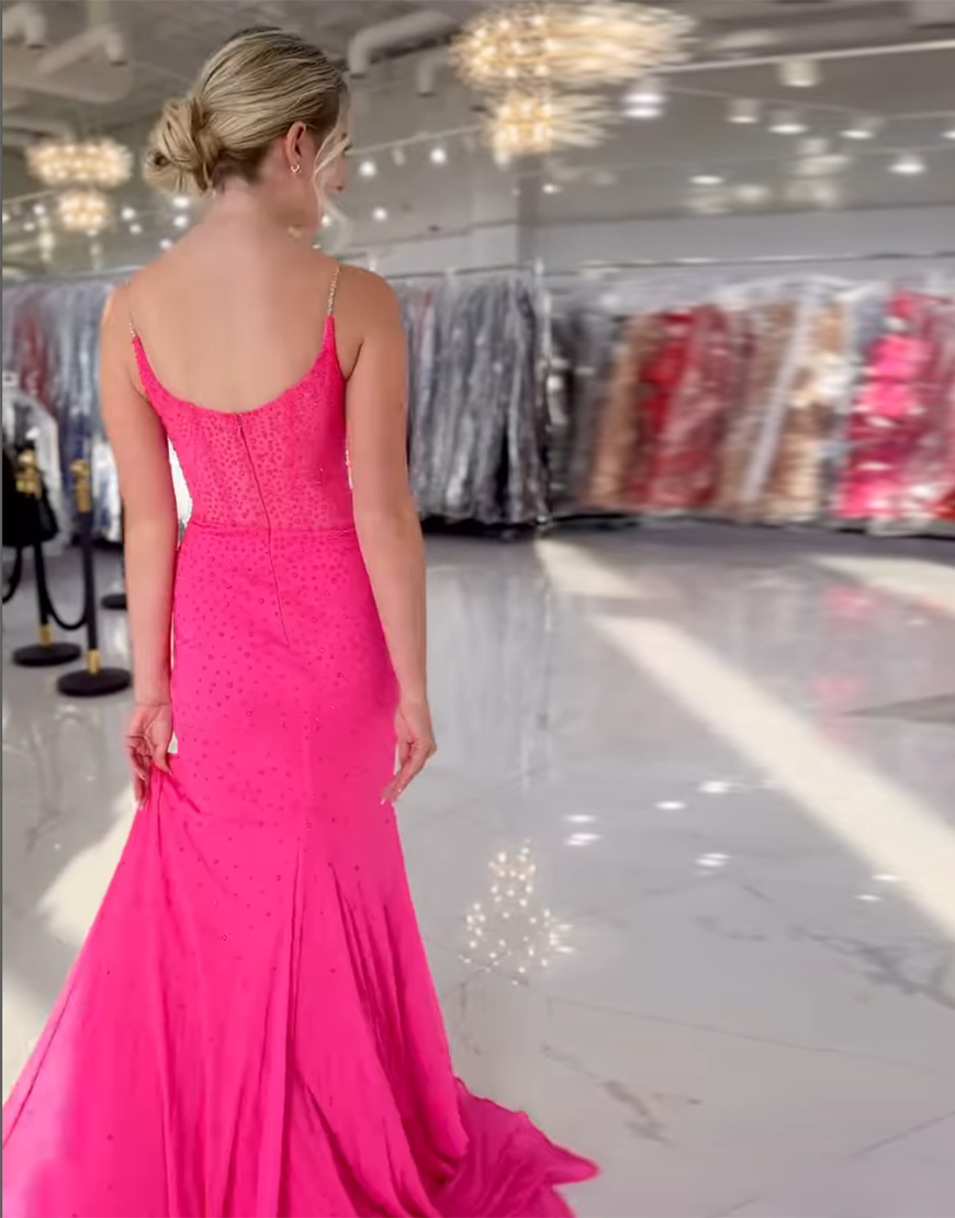 Sparkly Fuchsia Mermaid Spaghetti Straps Corset Beaded Long Prom Dress with Slit