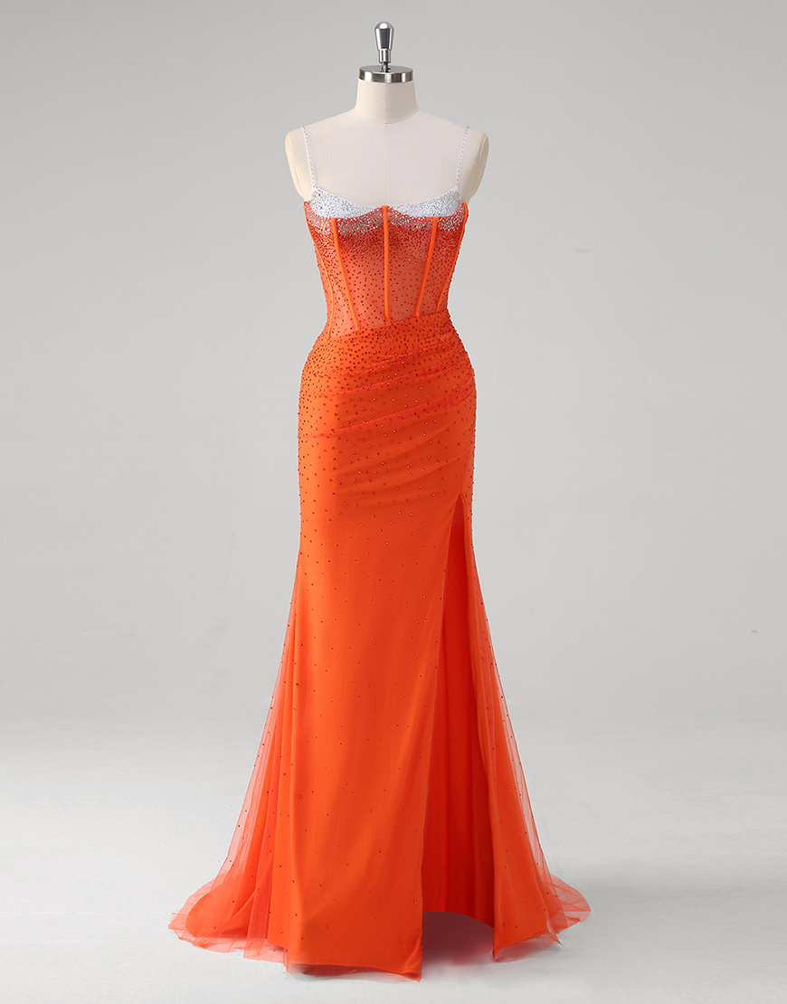Sparkly Orange Mermaid Spaghetti Straps Beaded Corset Long Prom Dress with Slit
