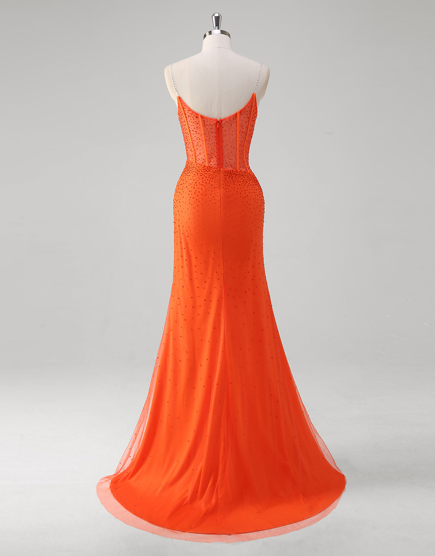 Sparkly Orange Mermaid Spaghetti Straps Beaded Corset Long Prom Dress with Slit
