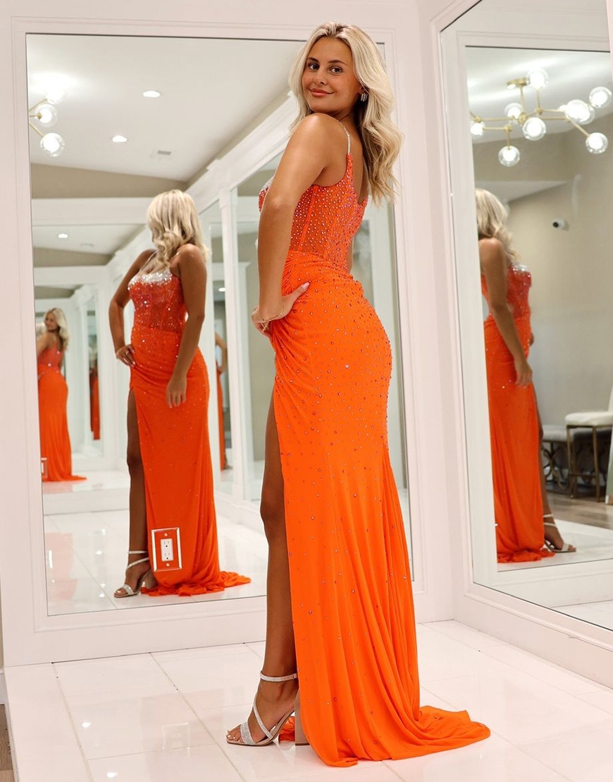 Sparkly Red Mermaid Spaghetti Straps Beaded Corset Long Prom Dress with Slit