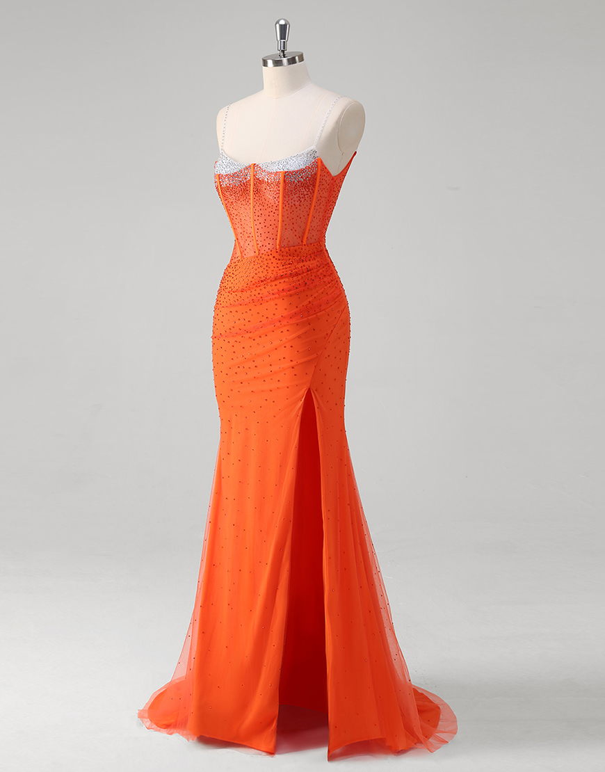 Sparkly Orange Mermaid Spaghetti Straps Beaded Corset Long Prom Dress with Slit
