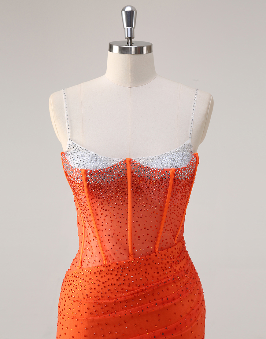 Sparkly Orange Mermaid Spaghetti Straps Beaded Corset Long Prom Dress with Slit