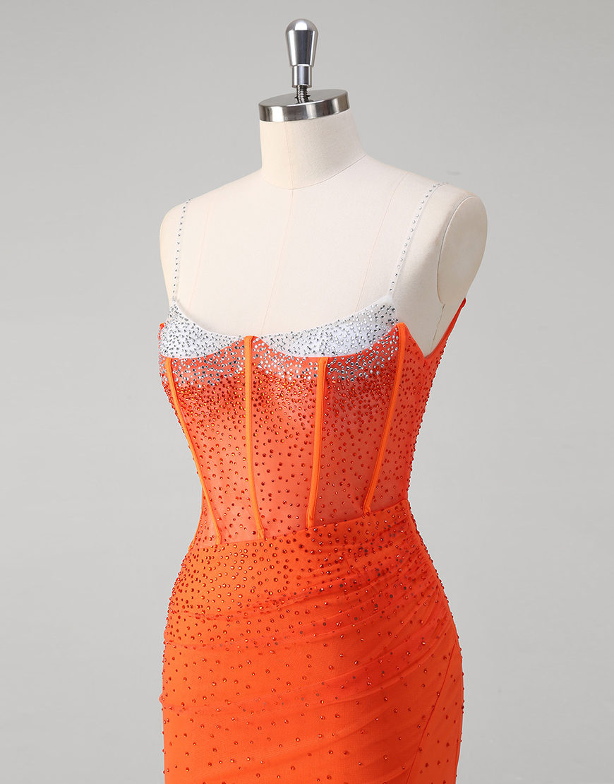 Sparkly Orange Mermaid Spaghetti Straps Beaded Corset Long Prom Dress with Slit