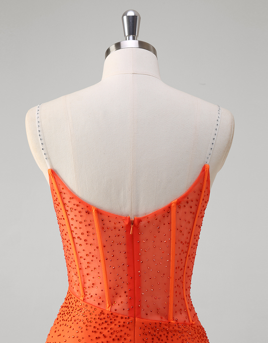 Sparkly Orange Mermaid Spaghetti Straps Beaded Corset Long Prom Dress with Slit