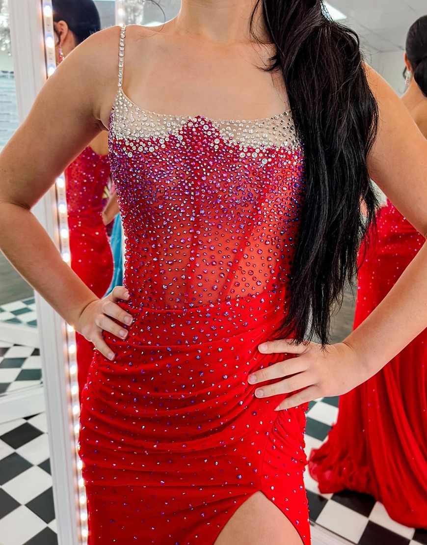 Sparkly Red Mermaid Spaghetti Straps Beaded Corset Long Prom Dress with Slit