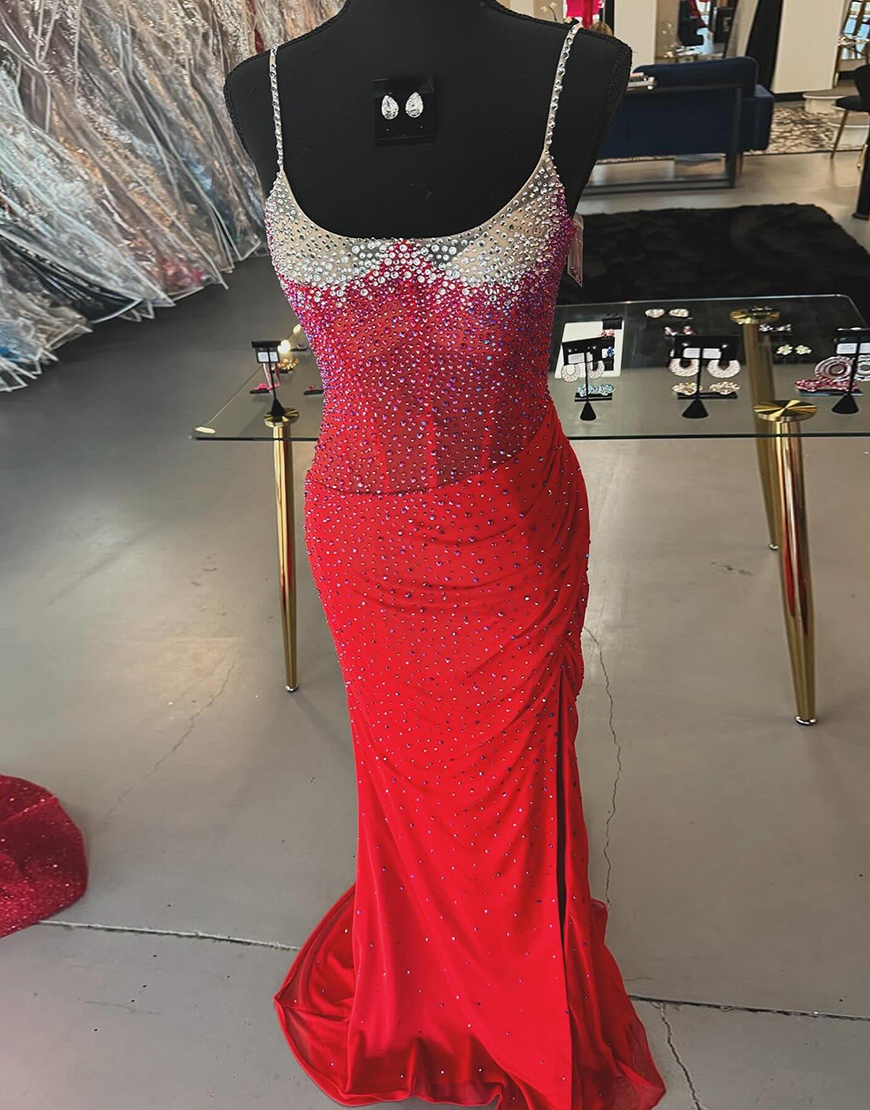 Sparkly Orange Mermaid Spaghetti Straps Beaded Corset Long Prom Dress with Slit