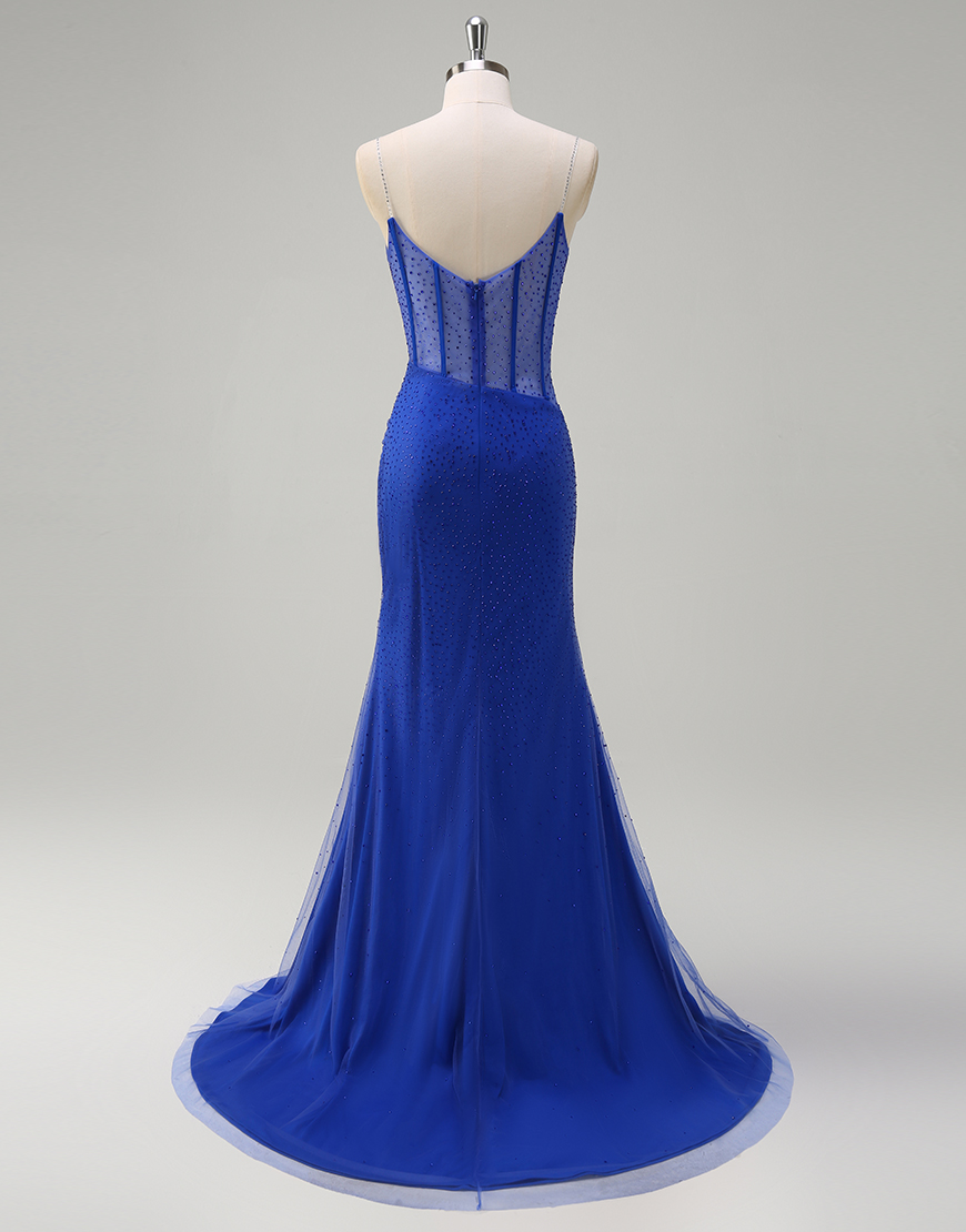 Sparkly Orange Mermaid Spaghetti Straps Beaded Corset Long Prom Dress with Slit