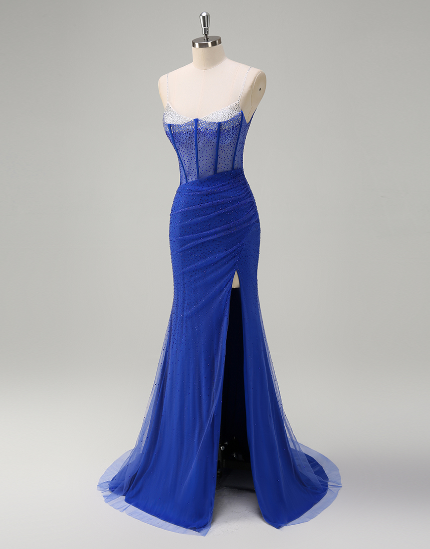 Sparkly Orange Mermaid Spaghetti Straps Beaded Corset Long Prom Dress with Slit