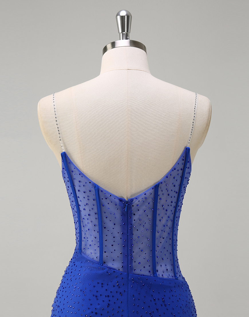 Sparkly Orange Mermaid Spaghetti Straps Beaded Corset Long Prom Dress with Slit