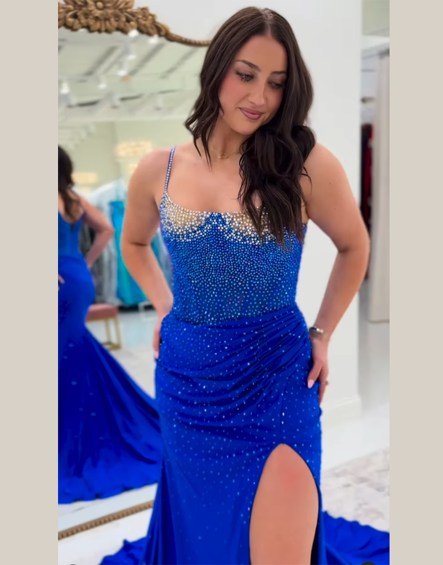 Sparkly Orange Mermaid Spaghetti Straps Beaded Corset Long Prom Dress with Slit