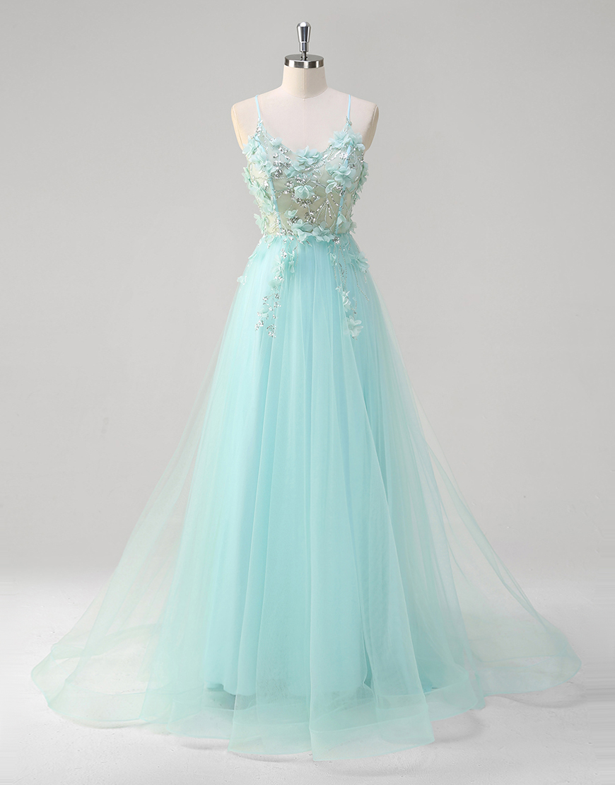 Sparkly Green A-Line Spaghetti Straps Flowers Corset Tulle Long Prom Dress