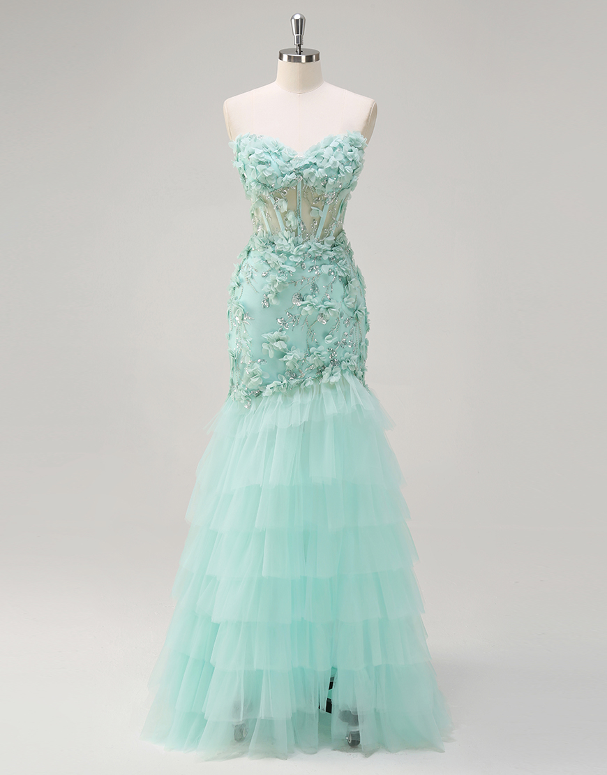 Sparkly Green Mermaid Strapless Corset Flowers Ruffles Long Prom Dress with Slit