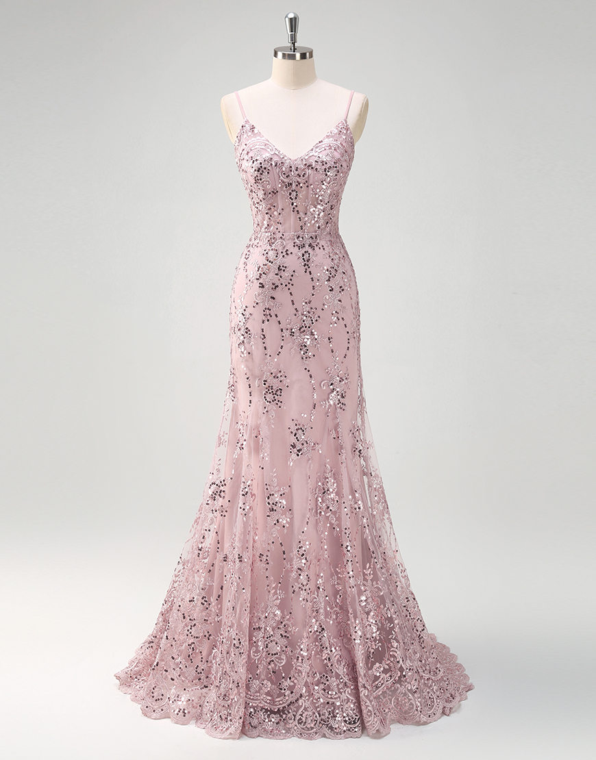 Sparkly Grey Pink Mermaid Spaghetti Straps Corset Sequined Embroidery Tulle Long Prom Dress