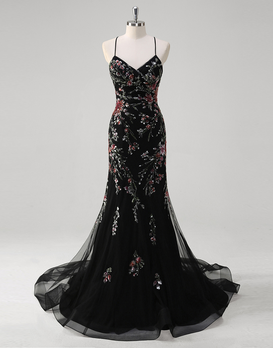 Sparkly Black Mermaid Sequined Floral Spaghetti Straps Tulle Long Prom Dress