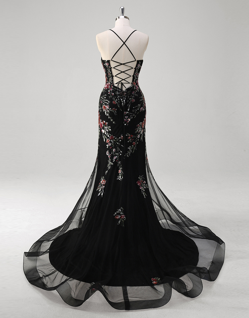 Sparkly Black Mermaid Sequined Floral Spaghetti Straps Tulle Long Prom Dress