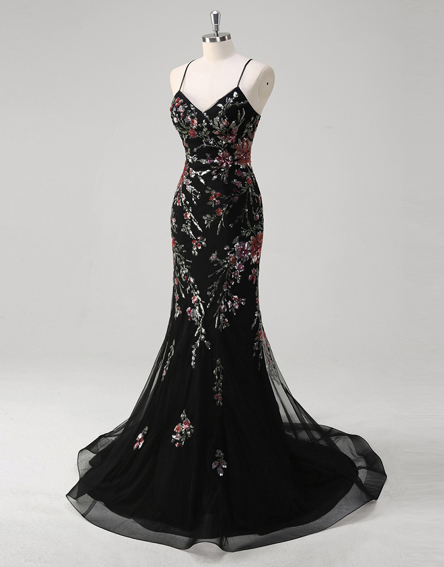 Sparkly Black Mermaid Sequined Floral Spaghetti Straps Tulle Long Prom Dress