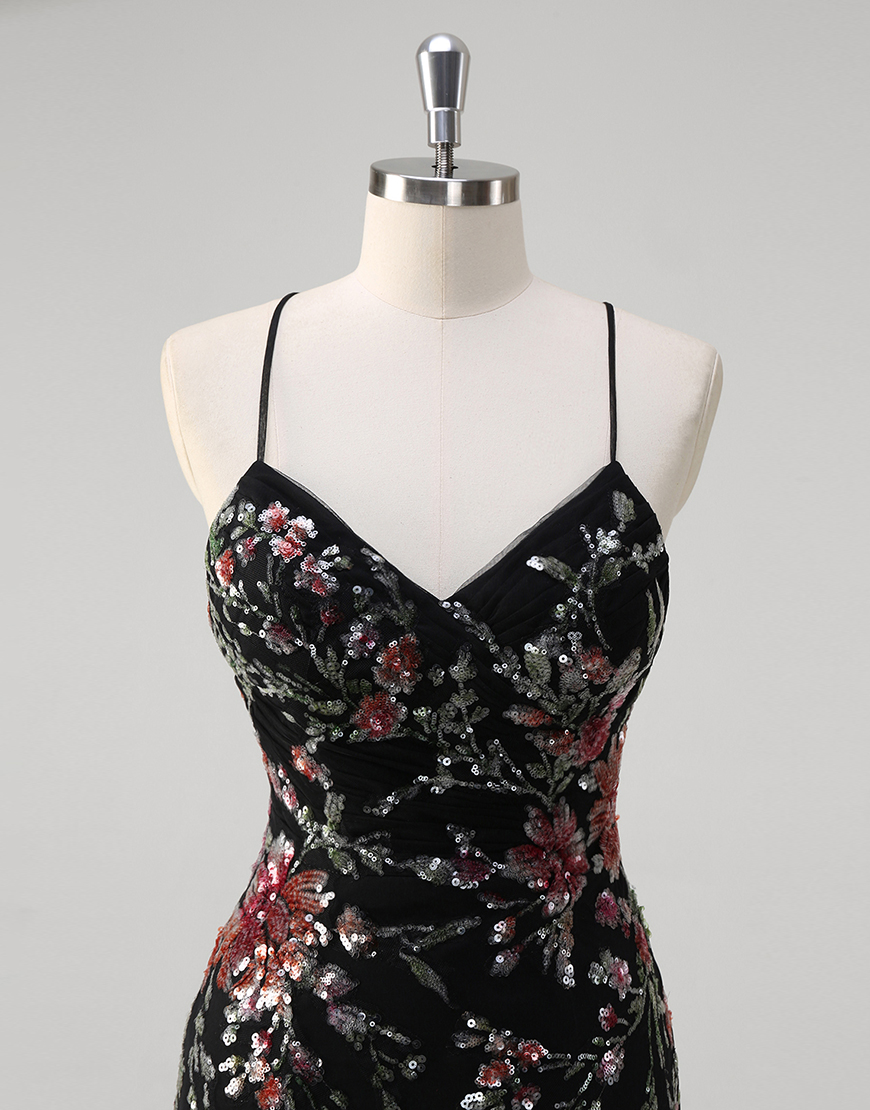 Sparkly Black Mermaid Sequined Floral Spaghetti Straps Tulle Long Prom Dress