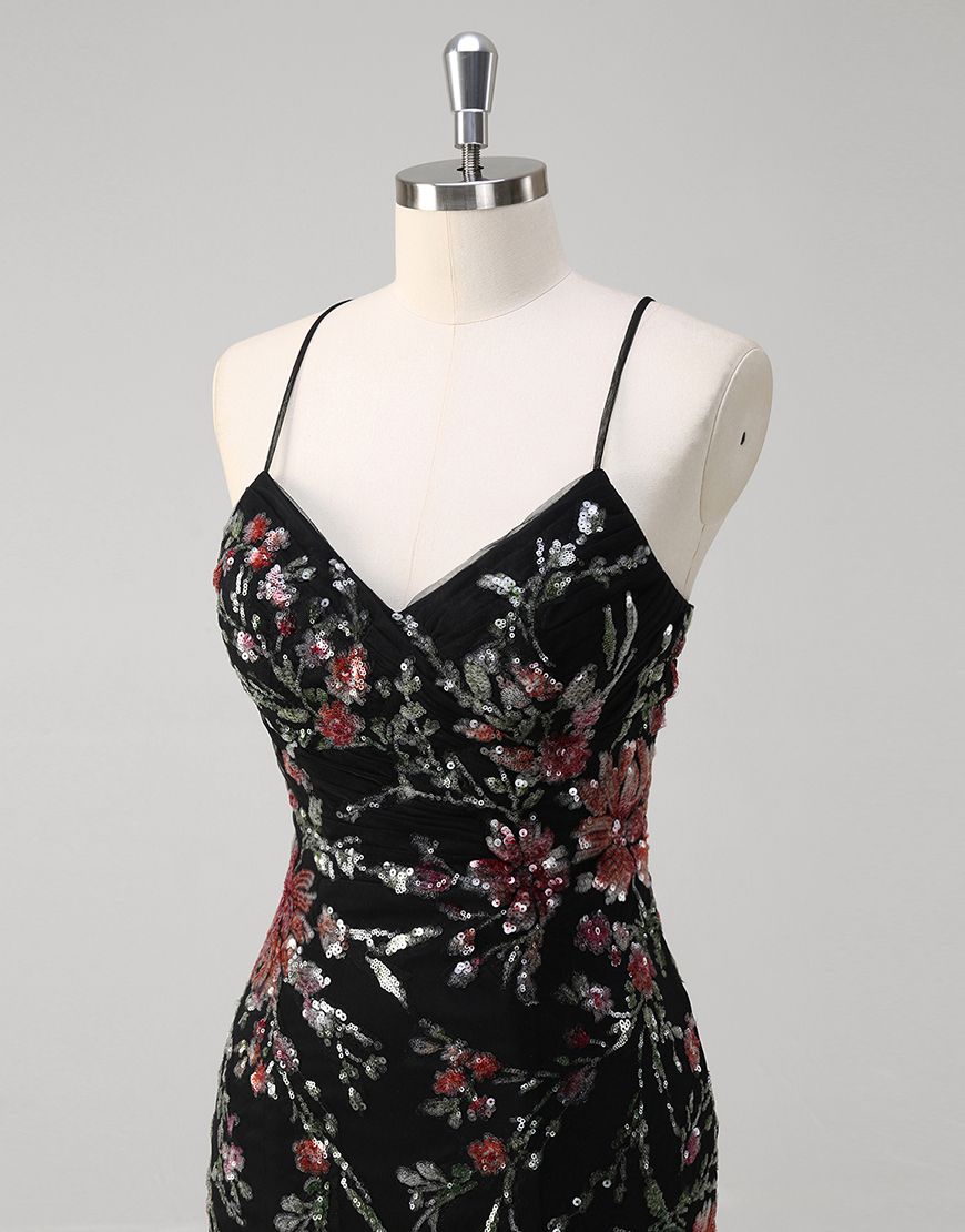 Sparkly Black Mermaid Sequined Floral Spaghetti Straps Tulle Long Prom Dress