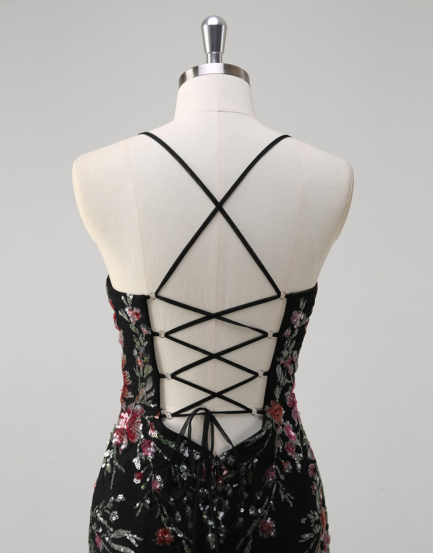 Sparkly Black Mermaid Sequined Floral Spaghetti Straps Tulle Long Prom Dress