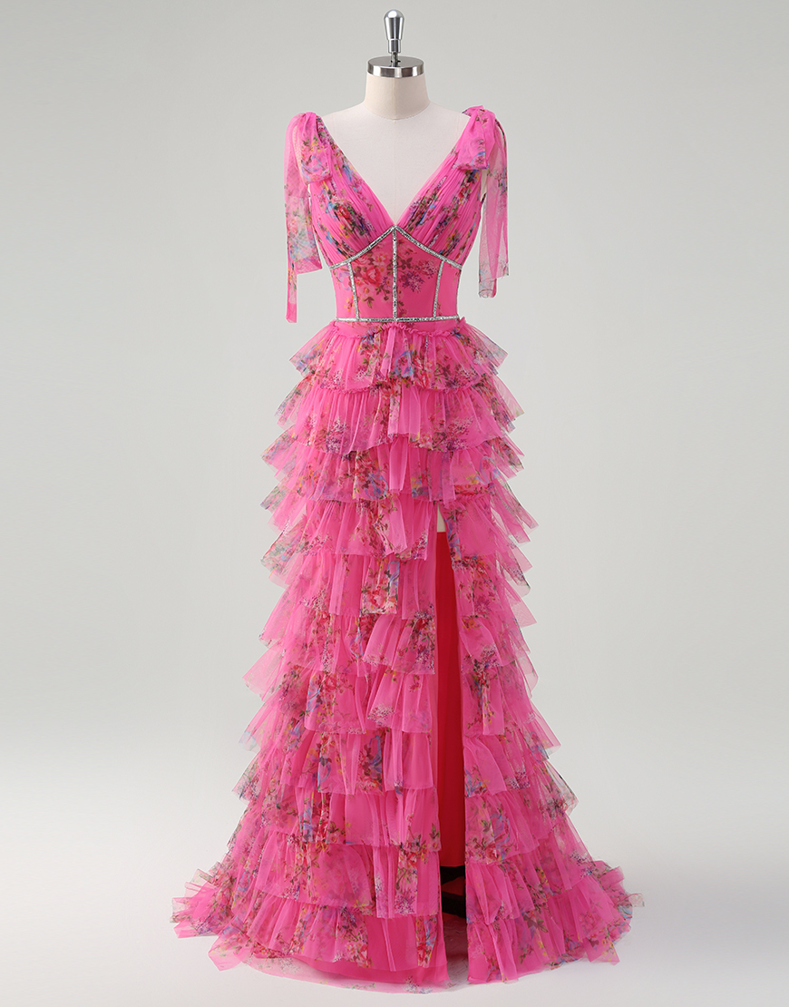 Sparkly Fuchsia A-Line Floral V Neck Ruffles Tulle Long Prom Dress with Slit