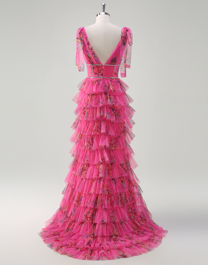 Sparkly Fuchsia A-Line Floral V Neck Ruffles Tulle Long Prom Dress with Slit
