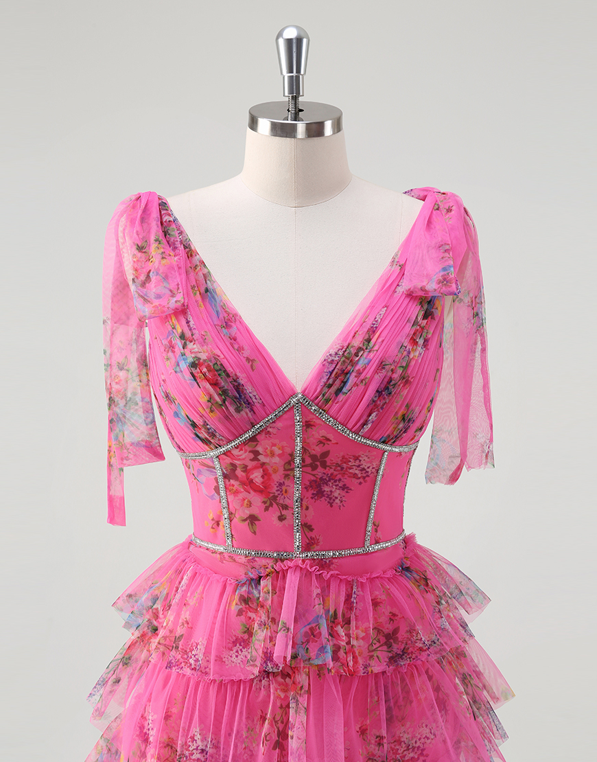 Sparkly Fuchsia A-Line Floral V Neck Ruffles Tulle Long Prom Dress with Slit