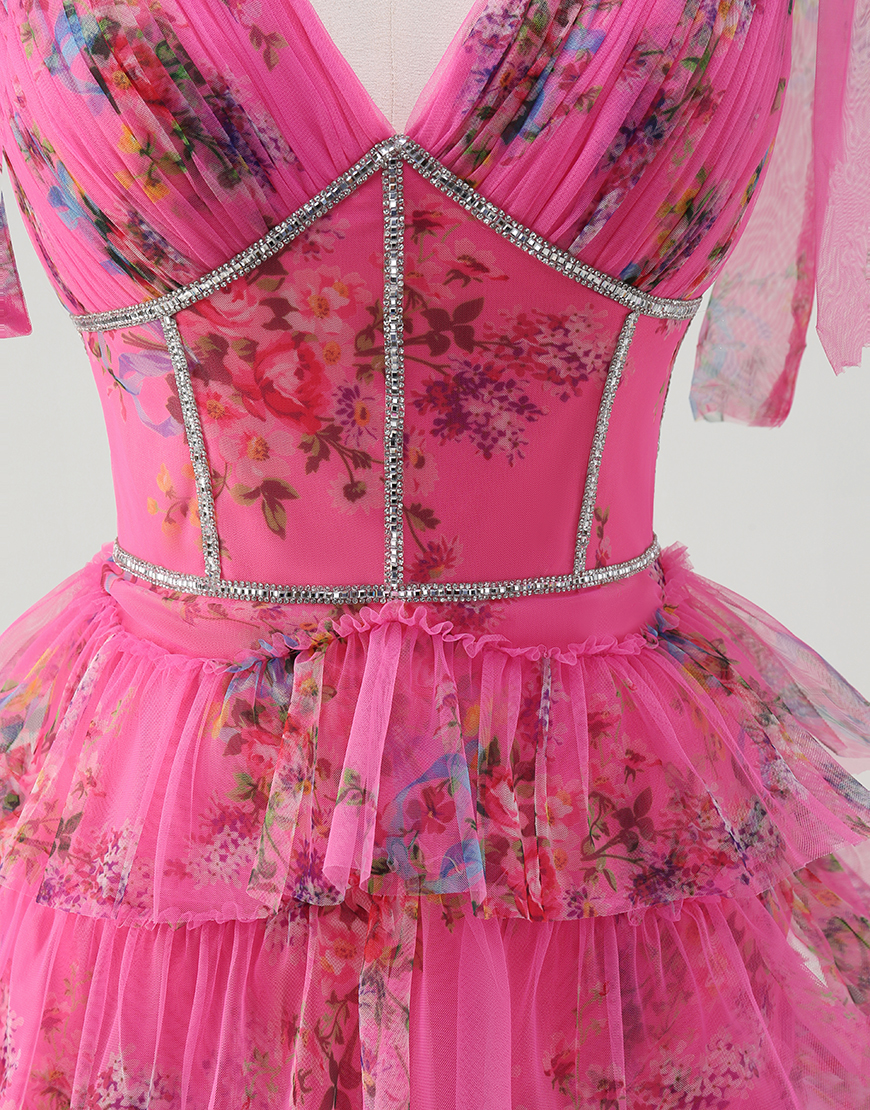 Sparkly Fuchsia A-Line Floral V Neck Ruffles Tulle Long Prom Dress with Slit